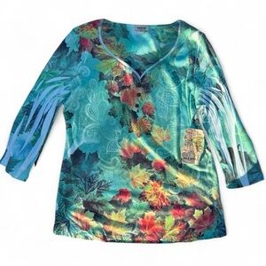 Large ONE WORLD Vibrant Multicolor Leaf Print Blouse